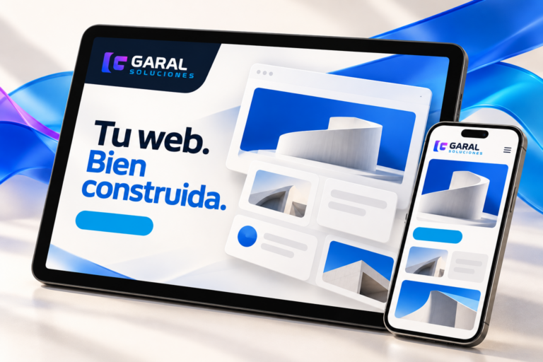 Diseño web adaptable presentado en tablet y móvil.